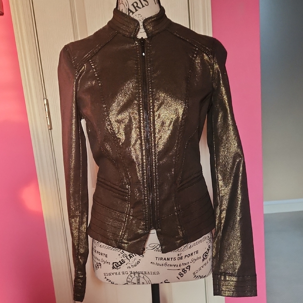 White House Black Market Shimmery Brown Zip-Front Leather Jacket